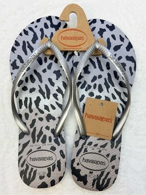 Havaianas Silver Strap Leopard Print Flip Flops Sandal size US 11/12